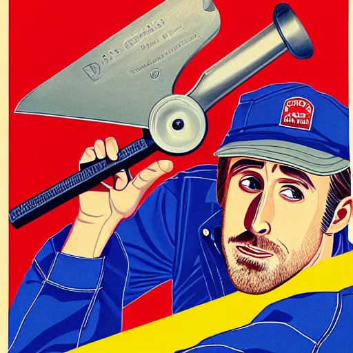 Image similar to realistic portrait of ryan gosling as a mechanic in beret, with a huge wrench, futuristic, highly detailed, 7 0 - s style poster, sharp focus, illustration, art by kawase hasui,