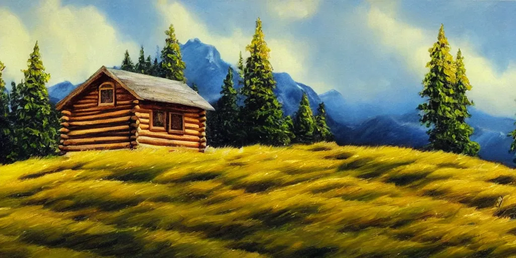 Image similar to a log cabin on a windy hillside, style of bob ross, oil painting,