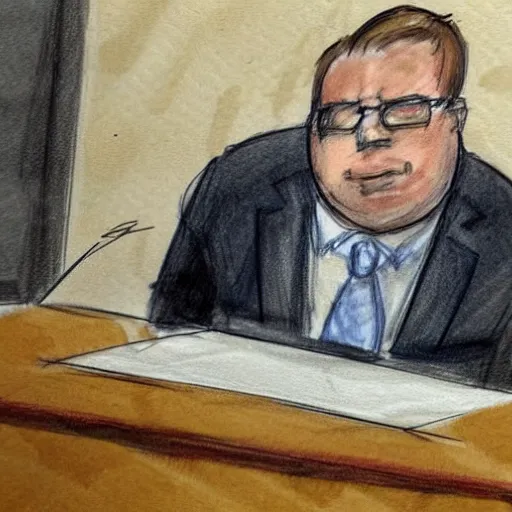 Prompt: a courtroom sketch of an angry frog pointing at alex jones on the stand