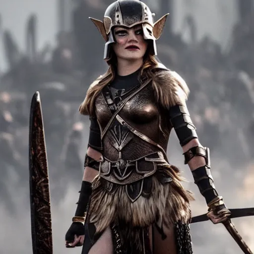 Image similar to full body photo of emma stone as a valkyrie warrior