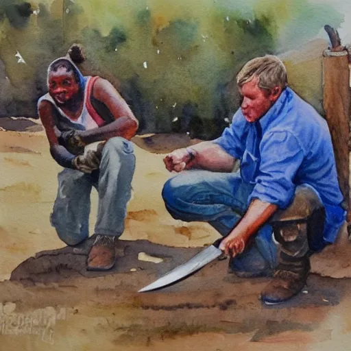Prompt: knife maker in south africa with a 4 x 4 and a detective partner and 6 kids in the watercolour style painting