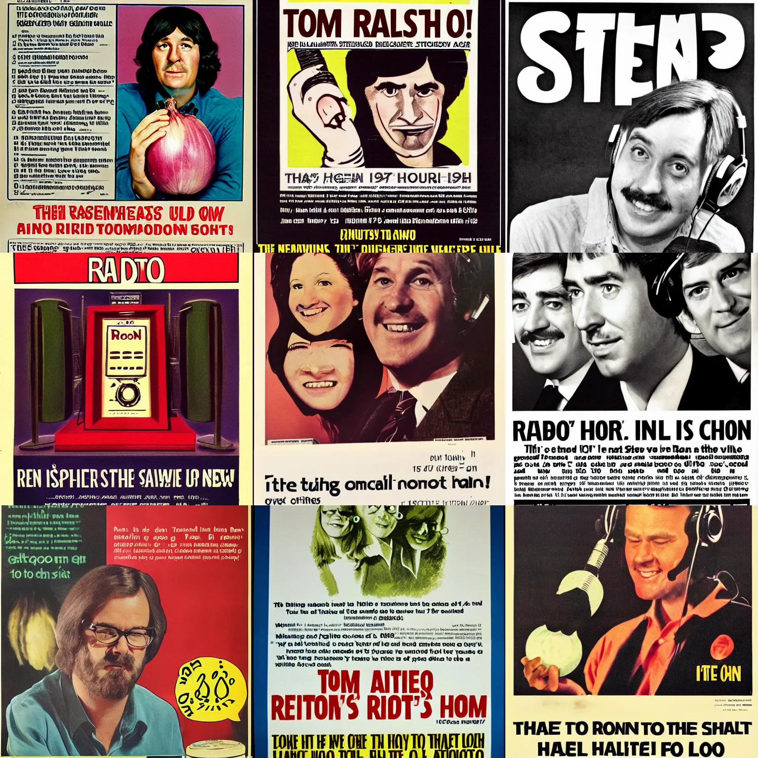 Prompt: 1970s poster advert for radio show Tom\'s Onion Half hour