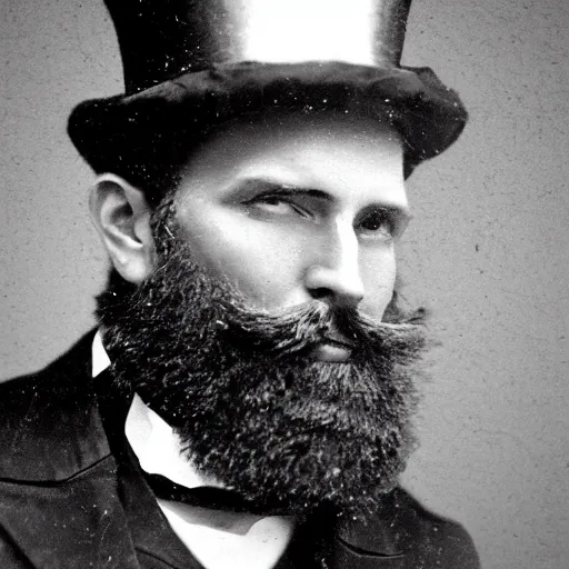 Prompt: A photograph portrait of Jerma985 in the mid-late 1800s with a top hat and beard, taken in the mid-late 1800s, grainy, taken on a Field View Camera, realistic, hyperrealistic, very realistic, highly detailed, very detailed, extremely detailed, detailed, digital art, trending on artstation