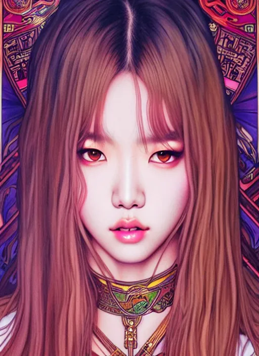 Image similar to lalisa manoban of blackpink, tarot card, highly detailed, digital painting, smooth, sharp focus, illustration, ultra realistic, 8 k, art by artgerm and alphonse mucha