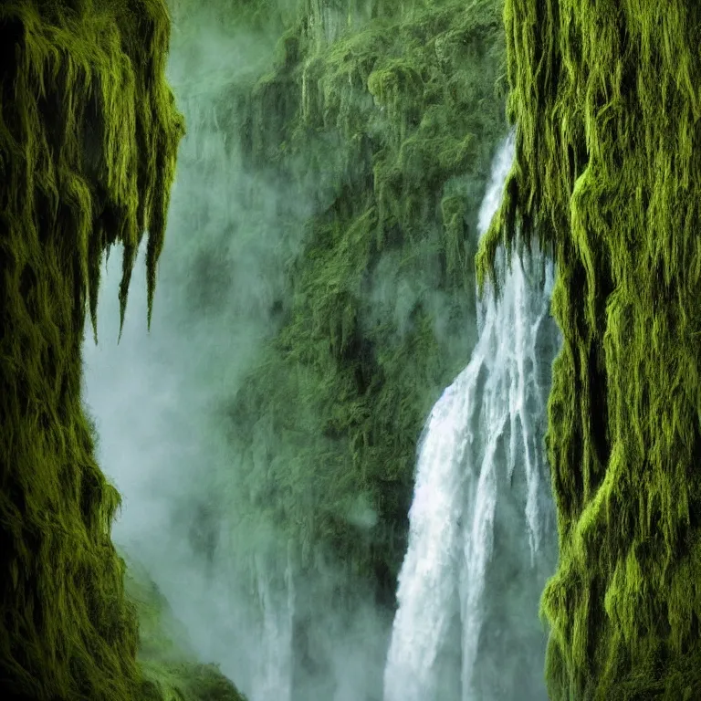 Image similar to dark and moody 1 9 8 0's artistic color spaghetti western film, a giant tall huge woman in an extremely long dress made out of waterfalls, standing inside a green mossy irish rocky scenic landscape, huge waterfall, volumetric lighting, backlit, atmospheric, fog, extremely windy, soft focus