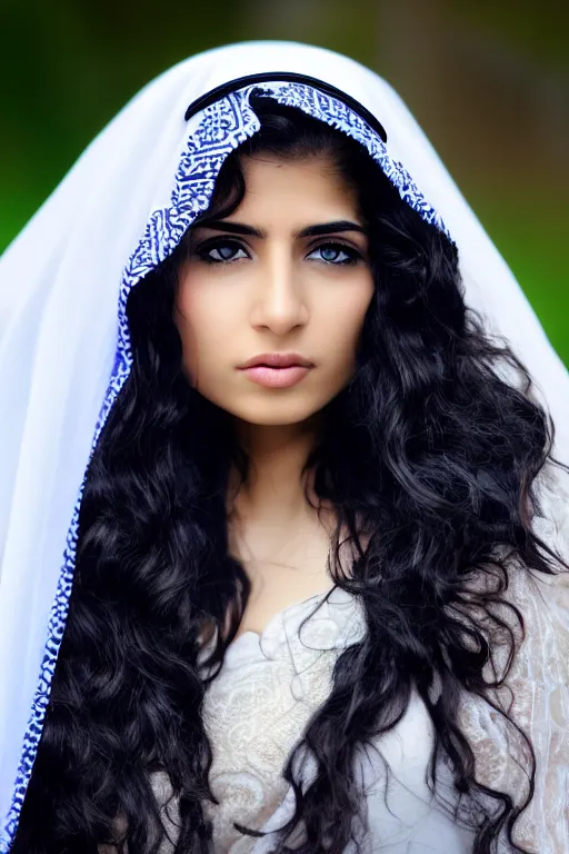 Prompt: young arab woman, blue eyes, long wavy black hair, white veil, closeup, focus face, colored, middle eastern