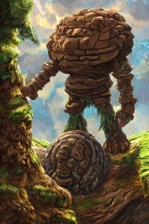 Image similar to zelda fantasy art giant golem troll wood rock greeble gemstone, global illumination ray tracing hdr fanart arstation by sung choi and eric pfeiffer and gabriel garza and casper konefal