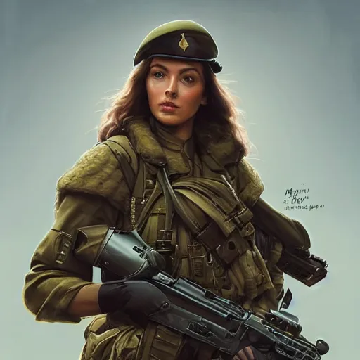 Prompt: portrait of mia kunis as a army soldier, looking at camera, d & d, intricate, elegant, stylish, cute smirk, fantasy, extremely detailed, digital painting, artstation, concept art, smooth, sharp focus, illustration, stunning lighting, art by artgerm and greg rutkowski and alphonse mucha and simon stalenhag.
