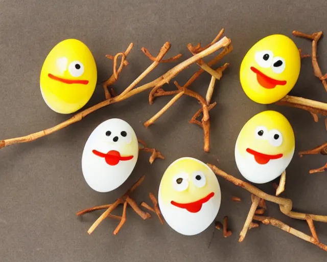 Image similar to eggs with happy faces on them. they have arms and legs made of twigs. yolk is pouring out of their snout. they had a hearty laugh. boogers are coming out of their noise.