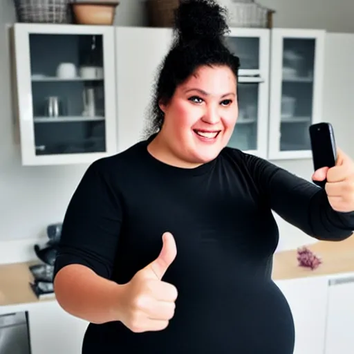 Prompt: fat woman with black long ponytail giving a thumbs up, selfie in the kitchen