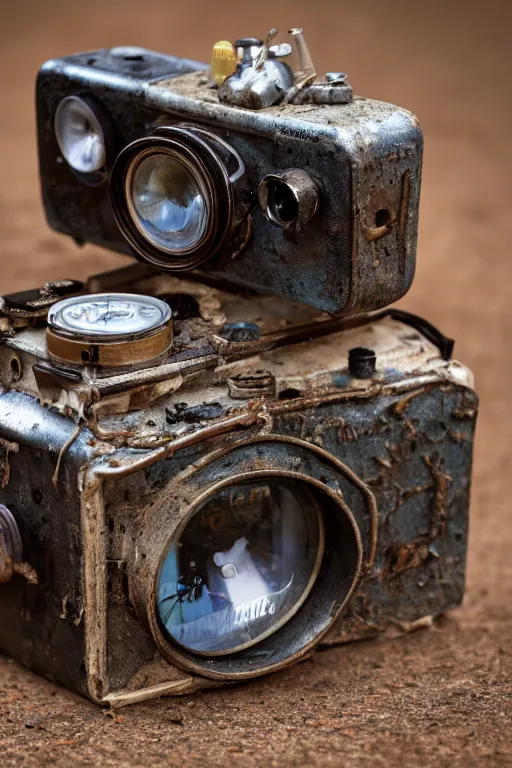 Prompt: A photo of a old 1960's device opened camera with film, vacuum tubes, capacitors and coils inside by Richard Kuiper and Steve McCurry, grungy, weathered Ultra detailed, hyper realistic, 4k