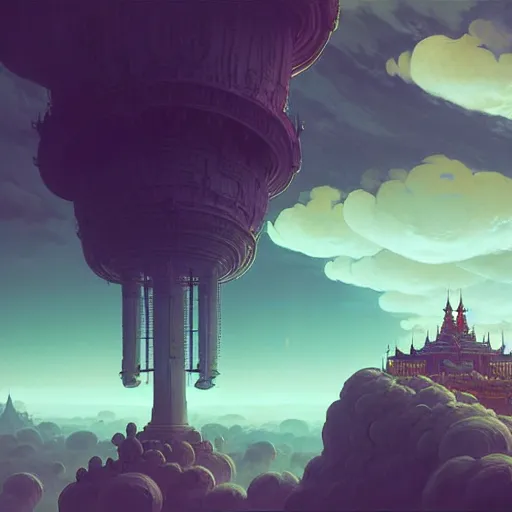 Image similar to cloud king rests on high nimbus spires in this sky palace lord of all the vast kingdom. simon stalenhag ilya repin greg danton brian sum max bedulenko igor krstic james suret pascal blanche illustration unreal engine render