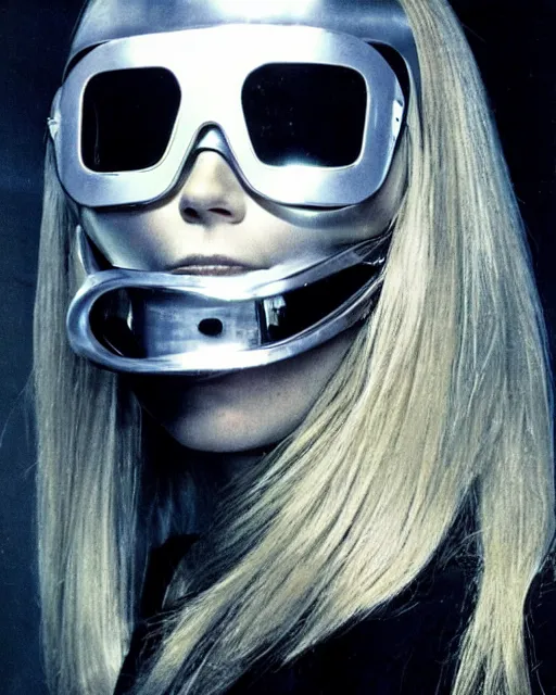 Image similar to young gwyneth paltrow wearing a futuristic mechanical mask with amber eye reflective lenses, and black leather body armor.