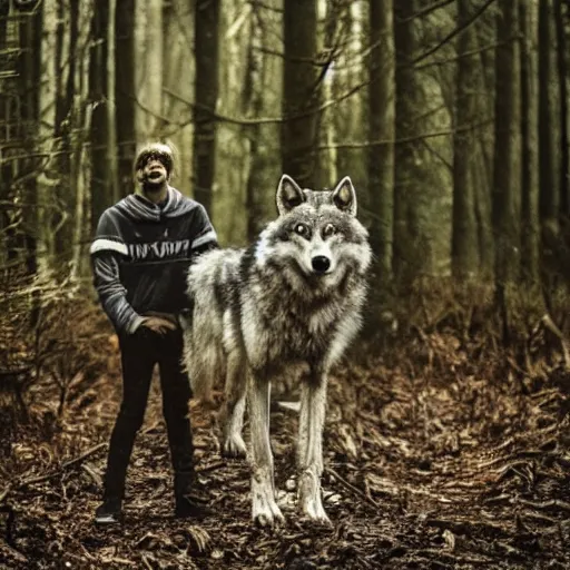 Image similar to werecreature consisting of a wolf and a human, photograph captured in a forest