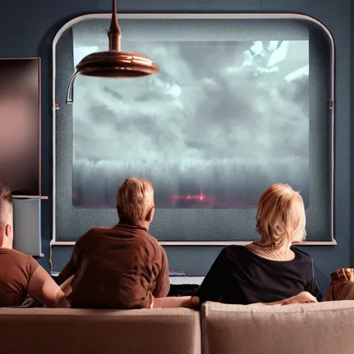 Prompt: vintage nuclear family watching TV news of climate change in their home, Mastodon album cover, trending on artstation, octane render, cinematic lighting from the right, hyper realism, octane render, 8k, depth of field, 3D