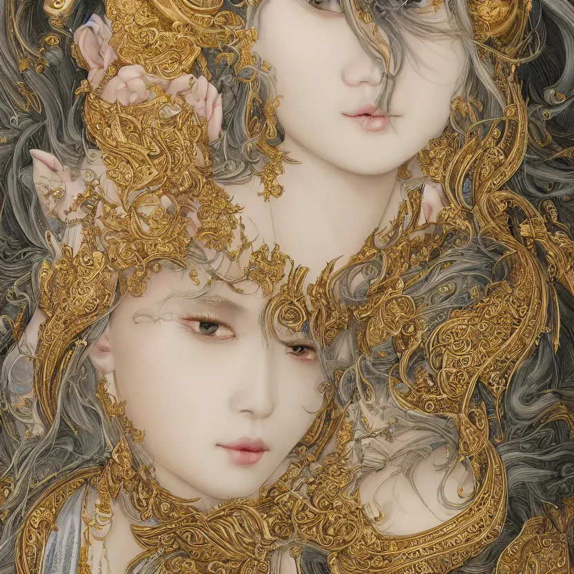 Prompt: amazing exquisite matte painting, front close - up portrait of a chinese white loong, sacred,, shimmer, exquisite detail huge details, gold detailed line work, by xision and yukii morita,, james jean, trending on artstation