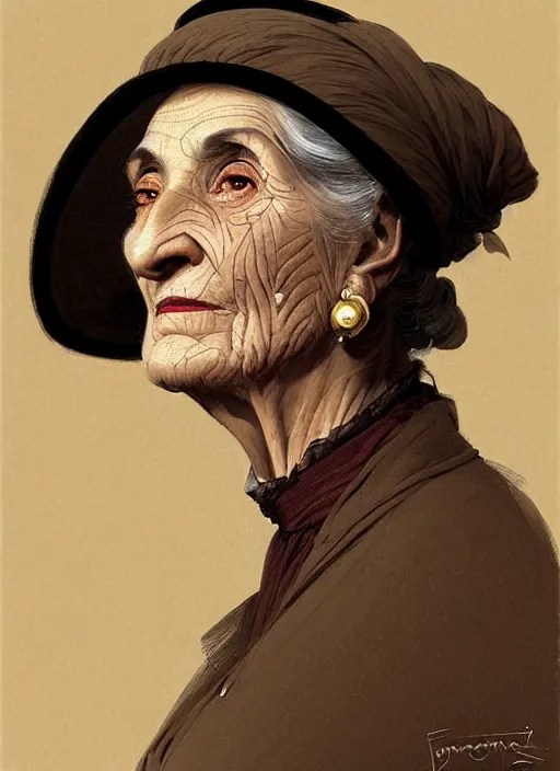 Prompt: a portrait of an old italian woman with a crooked nose in victorian clothing, confident pose, intricate, elegant, sharp focus, illustration, highly detailed, concept art, matte, trending on artstation, anime, art by james jean and artgerm and brian despain and alberto mielgo, greg rutkowski, wlop, ilya kuvshinov, strong strokes