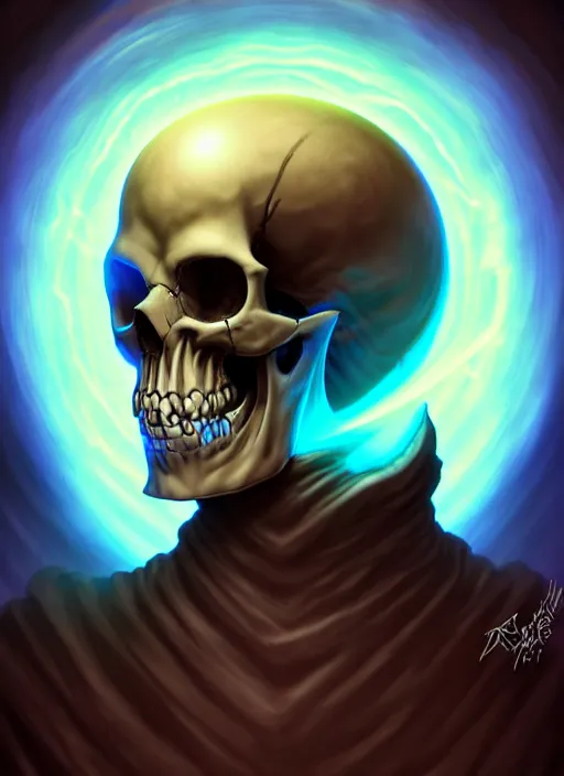 Image similar to lunatic fantasy necromancer with a skull face holding a glowing blue orb natural lighting, path traced, highly detailed, high quality, digital painting, by don bluth and ross tran and studio ghibli and alphonse mucha, artgerm