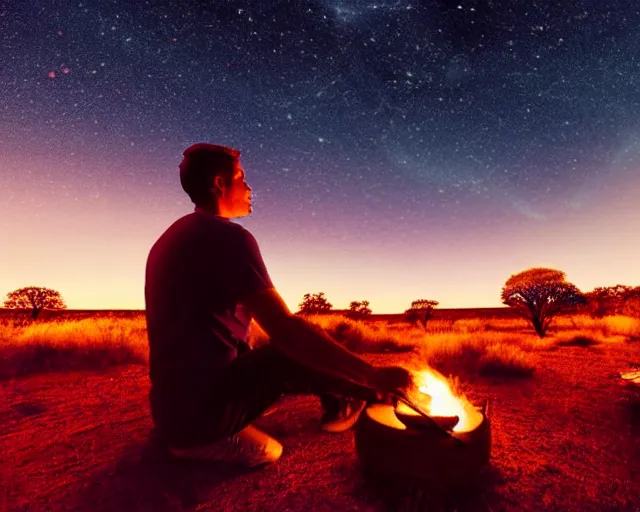 Image similar to close - up of man sitting playing medicine drum at campfire under cosmic night sky with uluru in background, global illumination radiating a glowing aura global illumination ray tracing hdr render in unreal engine 5, dramatic atmospheric volumetric lighting