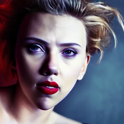 Image similar to scarlett johansson as a cyberpunk cyborg, sensual, beautiful soft light failling on her face, studio photography, nikon 3 5 mm portrait photography, ultra realistic