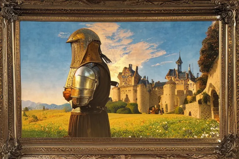 Image similar to painting of a medieval knight in front of a castle, sunset, clouds, chill, romantic, by ludwig deutsch and maxfield parrish, patterned tilework, extremely detailed, cinematic lighting, smooth sharp focus