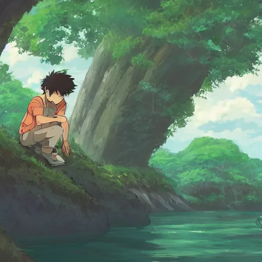 Image similar to friendly guy and small creature , with Fragile looking character portrait face made in Studio Ghibli artstyle ,highly detailed art, beautiful scene, sharp focus, smooth, 8k, anime art, fantasy, style in ghibli anime style, fantasy, island, forest with animals 8k