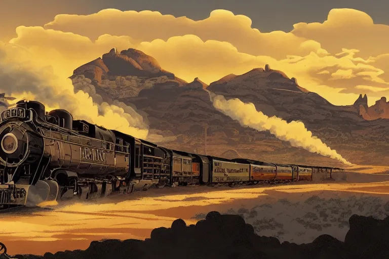 Image similar to old western freight train illustration by joe fenton and syd mead, artstation, 4 k, graphic novel, concept art, matte painting, steam engine spewing billowy white clouds of steam, beautiful idyllic mountain desert sunset background, golden hour
