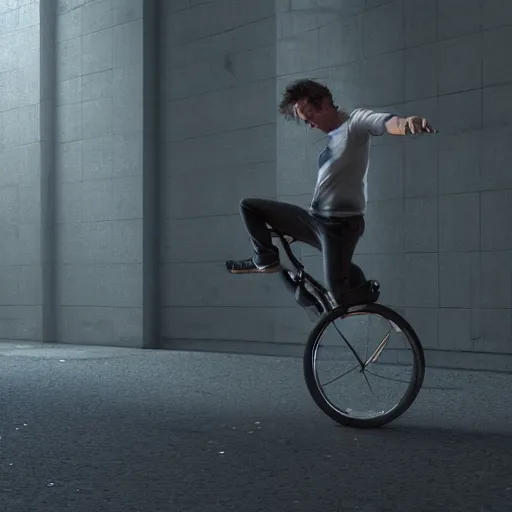 Image similar to hyperrealistic dslr film still of sean penn riding a unicycle, stunning 8 k octane comprehensive 3 d render, inspired by istvan sandorfi & greg rutkowski & unreal engine, perfect symmetry, dim volumetric cinematic lighting, extremely hyper - detailed, incredibly real lifelike attributes & flesh texture, intricate, masterpiece, artstation, stunning