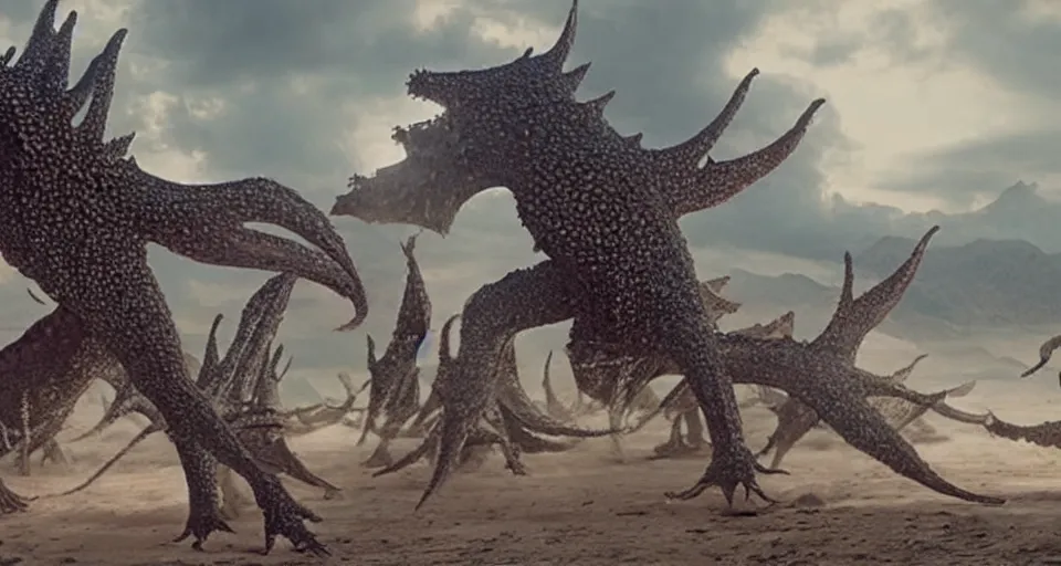 Image similar to a filmstill of the movie Pulgasari by Shin Sang-ok, a giant kaiju starfish monster destroying a goryeo dynasty palace