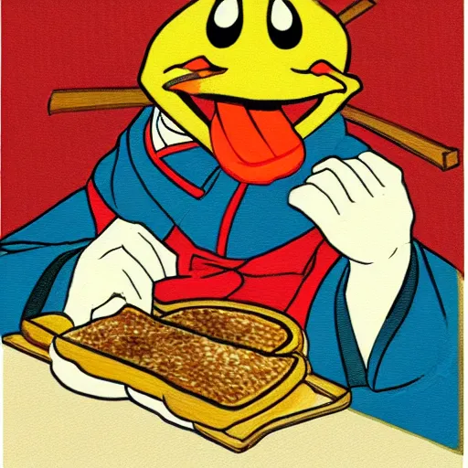 Image similar to Japanese anime style painting depicting an anthropomorphic duck dressed in a school uniform running to school while eating a piece of toast.