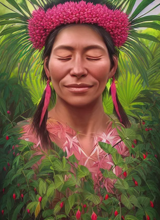 Prompt: a beautiful portrait of a smiling indigenous woman with eyes closed in the amazon jungle surrounded by pink calliandra angustifolia flowers, matte painting, by christophe vacher