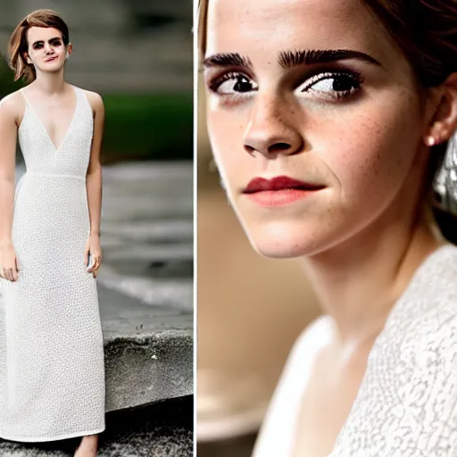 Prompt: an extremely beautiful studio photo of emma watson wearing open toe high heels and wearing a white dress, pale skin, bokeh, very very very beautiful!, hard focus, full body shot, 9 0 mm, f / 1. 4