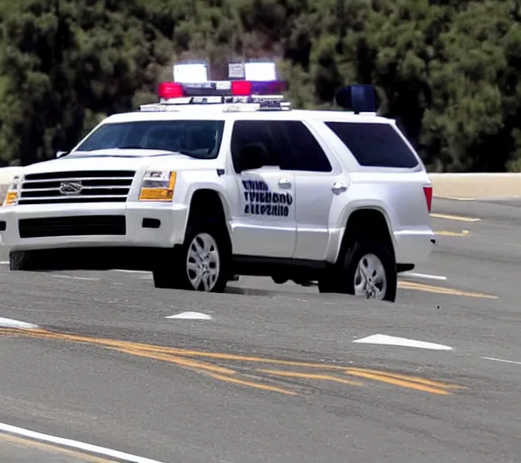 Image similar to close up photo donald trump driving white suv, freeway, police cars, ap news photo