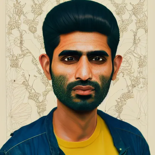 Image similar to portrait of a pakistani - american man, an ultrafine detailed illustration by james jean, intricate linework, bright colors, final fantasy, behance contest winner, vanitas, angular, altermodern, unreal engine 5 highly rendered, global illumination, radiant light, detailed and intricate environment