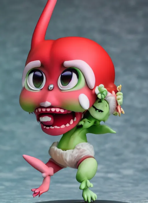 Prompt: a dramatic hyperrealistic pop surrealist oil panting of an enraged grotesque kawaii vocaloid figurine caricature screaming red in the face lunging with popping veins featured on gremlins by aardman animation made of gigachad