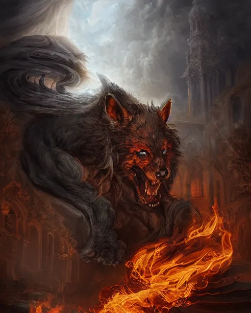 Image similar to A epic and beautiful rococo painting of a werewolf inside a burning cathedral. demon slayer style. ultra-detailed. Anime, pixiv, UHD 8K CryEngine, octane render