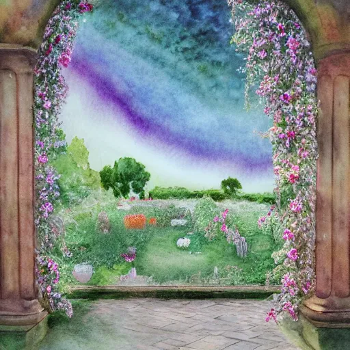 Image similar to delicate garden on paper, floating robes, puffy, vines, botanical herbarium, botanic watercolors, coastline, iridescent, 8 k wide angle, realistic shaded, fine details, artstation, italian, rainbow, colonnade, oak, pinecone, gardena architecture, pompeii, naples, sicilian, boundary wall