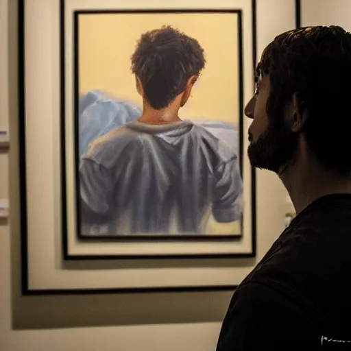 Image similar to A man staring at a painting of himself staring back. Modern art gallery. Wide angle. Photorealistic. Dramatic lighting. Award winning photography. 35mm photograph.