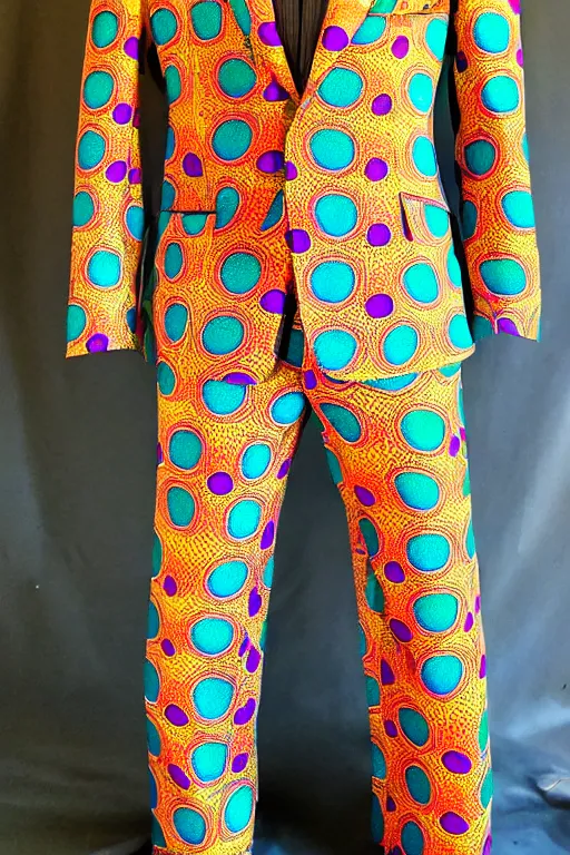 Prompt: psychedelic fashion business suit trippy 6 0 s paisleys pattern textile business suit uniform