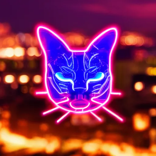 Prompt: cybercat head, neon glow, closeup, city in the background, high quality, high detailed