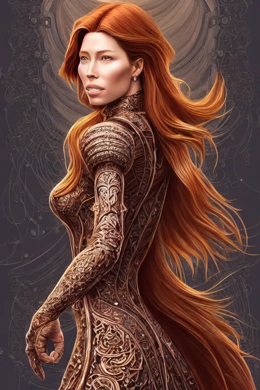 Prompt: symmetry!! intense fanart of back pose of redhead jessica biel as acotar protagonist, intricate, < < < hyper detailed background!!!! > > >, elegant dress, highly detailed, my rendition, digital painting, artstation, concept art, smooth, sharp focus, illustration, art by artgerm, by hajime sorayama