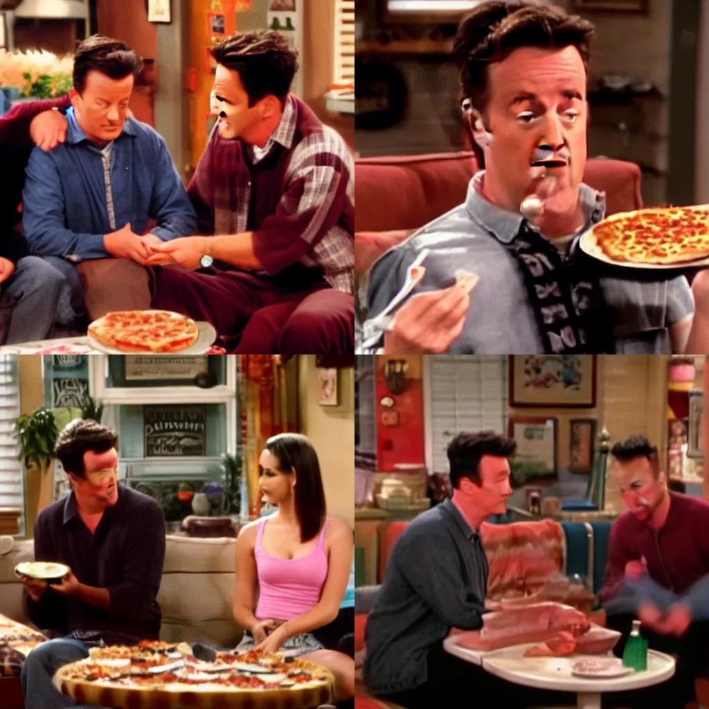 Prompt: friends tv show episode, chandler bing eating pizza