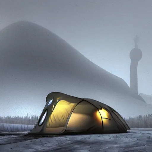 Image similar to advanced futuristic tent, camping on top of a tower, in an ice storm, hyperrealism