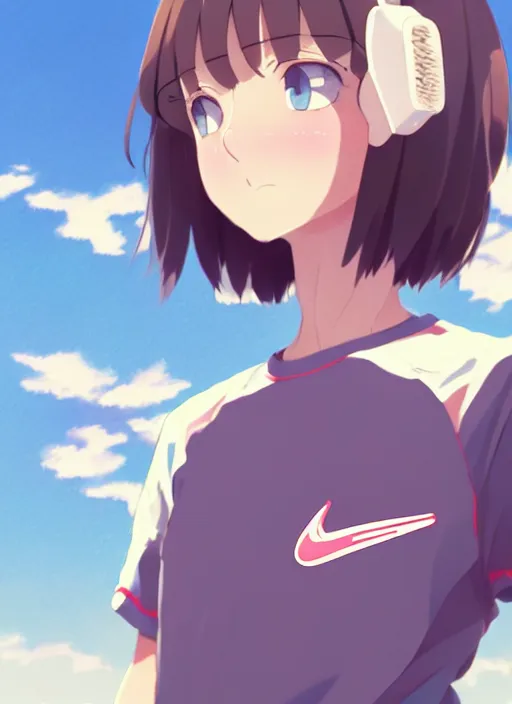 Image similar to portrait of high school runner girl, sunny sky background stadium landscape illustration concept art anime key visual trending pixiv fanbox by wlop and greg rutkowski and makoto shinkai and studio ghibli and kyoto animation symmetrical facial features short hair sports clothing marathon race nike shirt