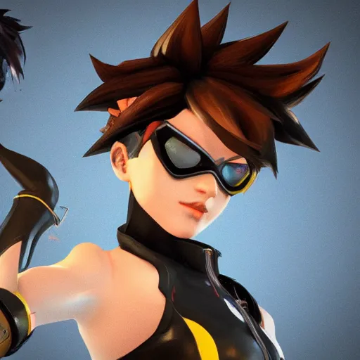 Image similar to portrait of tracer from overwatch, unreal engine 5, trending on art station