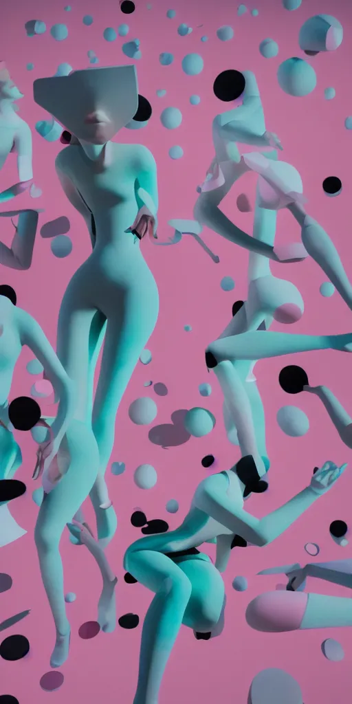 Image similar to 3d matte render, mannequins, dj rave party, Hsiao-Ron Cheng, pastel colors, hyper-realism, pastel, polkadots, minimal, simplistic, amazing composition, vaporwave, wow, Gertrude Abercrombie, Beeple, minimalistic graffiti masterpiece, minimalism, 3d abstract render overlayed, black background, psychedelic therapy, trending on ArtStation, ink splatters, pen lines, incredible detail, creative, positive energy, happy, unique, negative space, pure imagination painted by artgerm