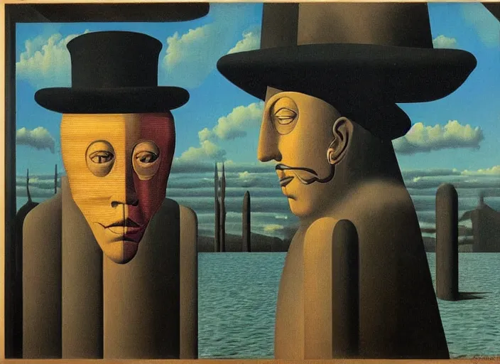 Image similar to endless masks, maddening forbidden knowledge, strange machine by rene magritte and salvadore dali