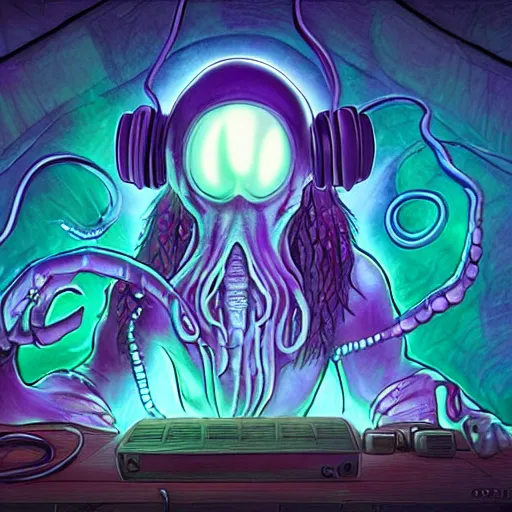 Image similar to ilithid mindflayer with headphones playing synthesizers, D&D, sigils, glowing candles,