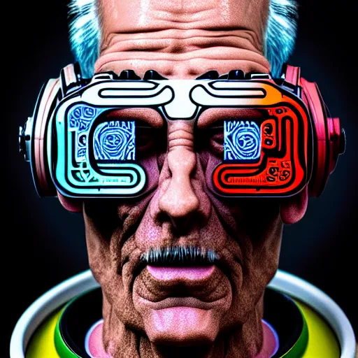 Prompt: Colour Photography of 1000 years old man with highly detailed 1000 years old face wearing higly detailed cyberpunk VR Headset. in style of Josan Gonzalez