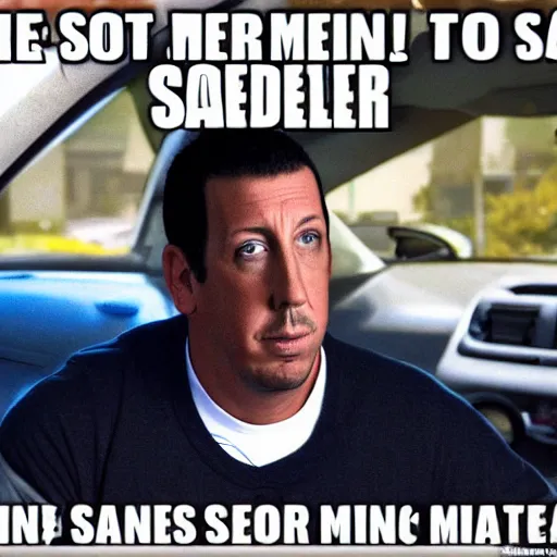 Image similar to ser too fast to dangerous and 7 men who look like Adam Sandler helping your mom into the car at a Dave and busters parking lot